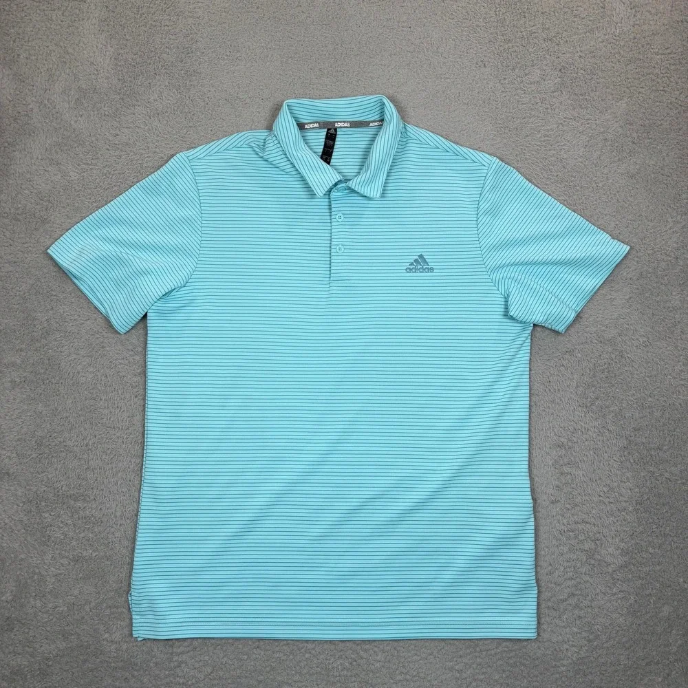 Adidas Mens Golf Polo Shirt Large Turquoise Blue Striped Short Sleeve Sport Top